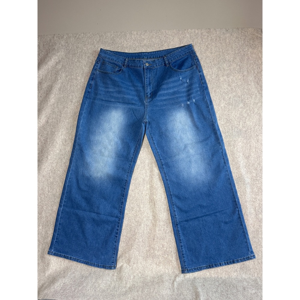 Emmiol Blue Wide Leg Baggy Jeans Distressed Faded Denim 3XL NEW